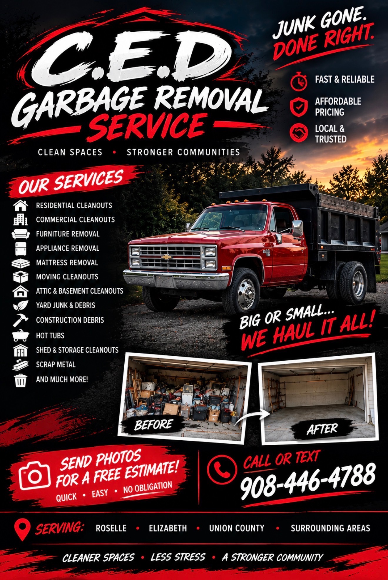 CED Junk Removal branding and red pickup truck